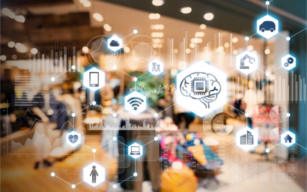 An image of retail, with icons and elements of technology above the photo