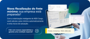 Banner informativo sobre nova fiscalização do frete mínimo, destacando cálculo automático do piso mínimo de frete com NDD Cargo.